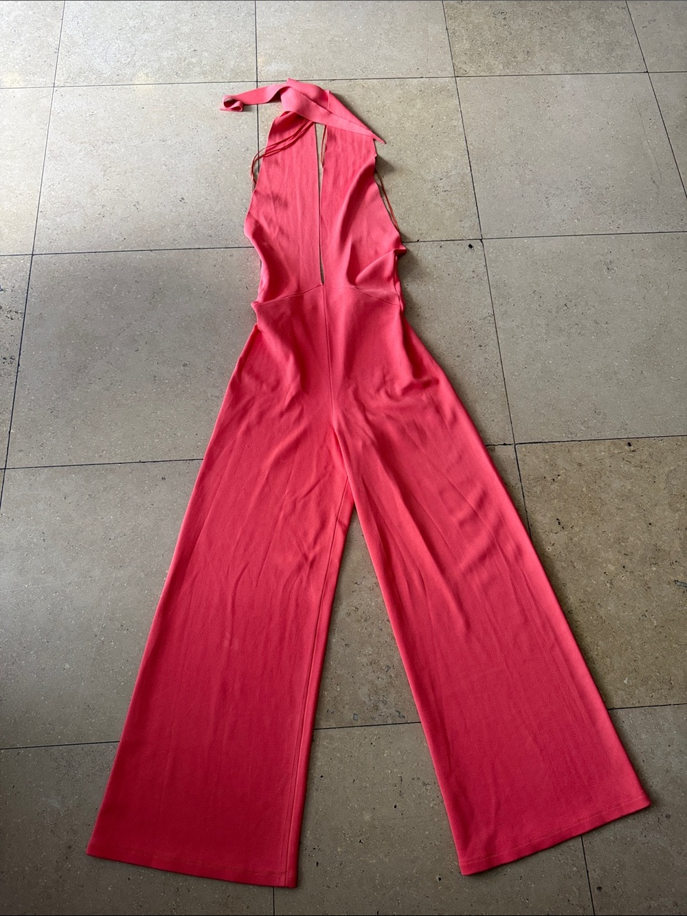 Ralph Lauren Purple Label Coral Halter-Plunge Wide-Leg Jumpsuit